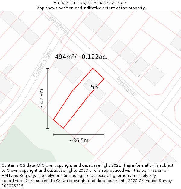53, WESTFIELDS, ST ALBANS, AL3 4LS: Plot and title map