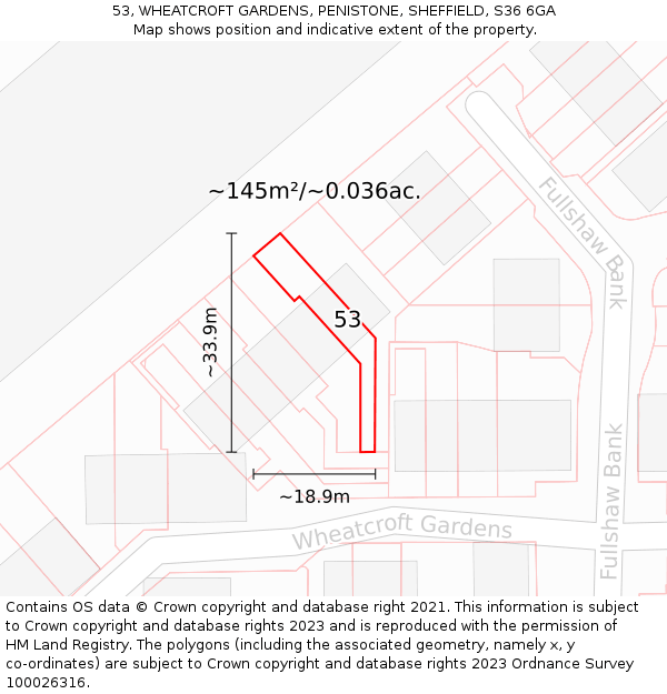 53, WHEATCROFT GARDENS, PENISTONE, SHEFFIELD, S36 6GA: Plot and title map