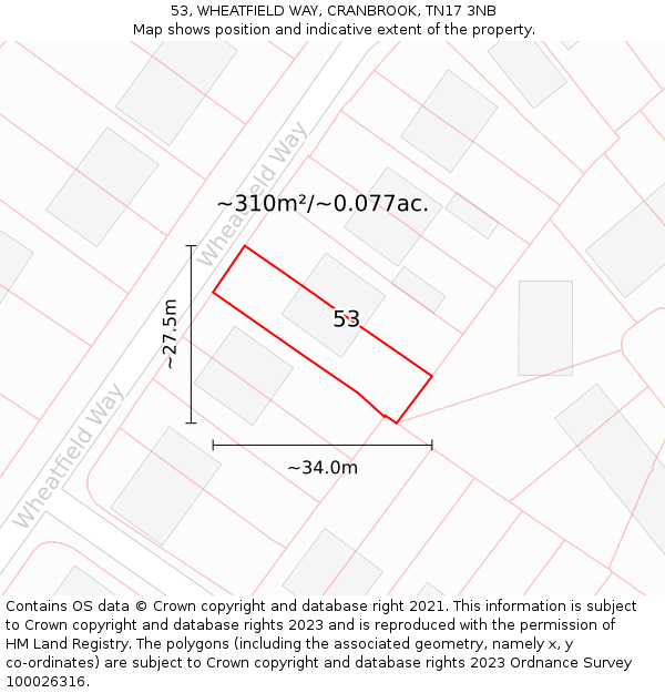 53, WHEATFIELD WAY, CRANBROOK, TN17 3NB: Plot and title map