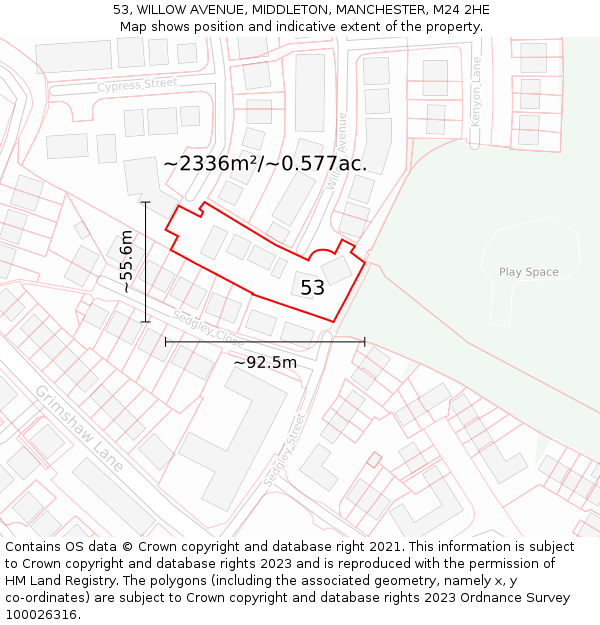 53, WILLOW AVENUE, MIDDLETON, MANCHESTER, M24 2HE: Plot and title map