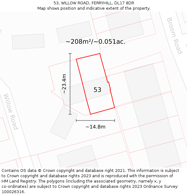 53, WILLOW ROAD, FERRYHILL, DL17 8DR: Plot and title map