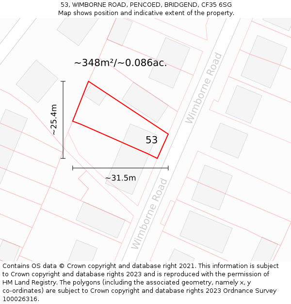 53, WIMBORNE ROAD, PENCOED, BRIDGEND, CF35 6SG: Plot and title map