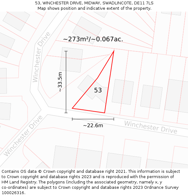 53, WINCHESTER DRIVE, MIDWAY, SWADLINCOTE, DE11 7LS: Plot and title map