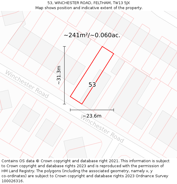 53, WINCHESTER ROAD, FELTHAM, TW13 5JX: Plot and title map