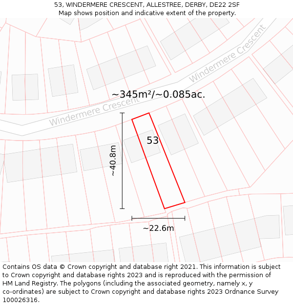 53, WINDERMERE CRESCENT, ALLESTREE, DERBY, DE22 2SF: Plot and title map