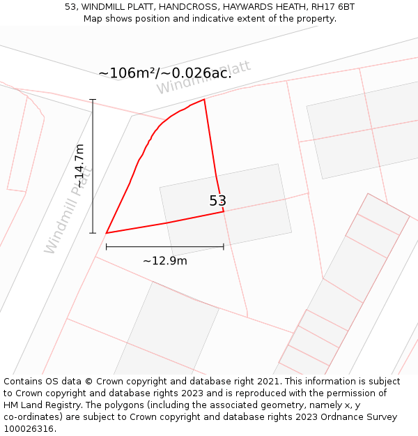 53, WINDMILL PLATT, HANDCROSS, HAYWARDS HEATH, RH17 6BT: Plot and title map
