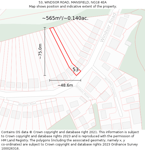 53, WINDSOR ROAD, MANSFIELD, NG18 4EA: Plot and title map