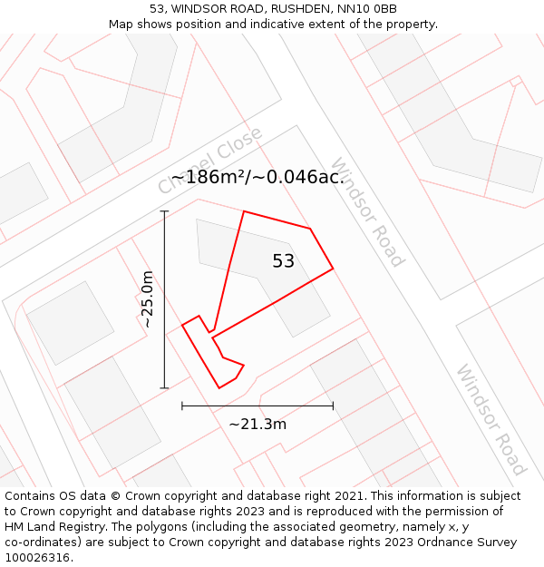 53, WINDSOR ROAD, RUSHDEN, NN10 0BB: Plot and title map
