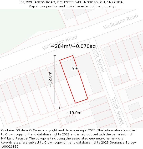 53, WOLLASTON ROAD, IRCHESTER, WELLINGBOROUGH, NN29 7DA: Plot and title map