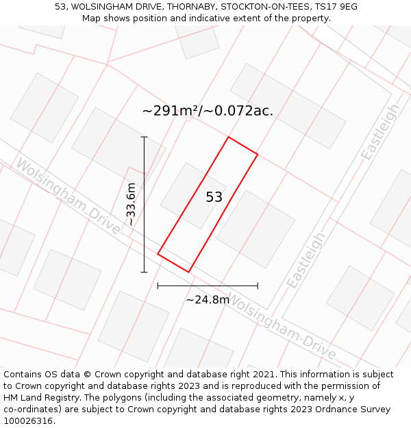 53, WOLSINGHAM DRIVE, THORNABY, STOCKTON-ON-TEES, TS17 9EG: Plot and title map