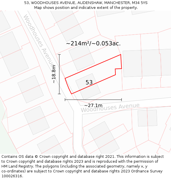 53, WOODHOUSES AVENUE, AUDENSHAW, MANCHESTER, M34 5YS: Plot and title map