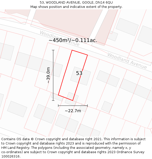53, WOODLAND AVENUE, GOOLE, DN14 6QU: Plot and title map