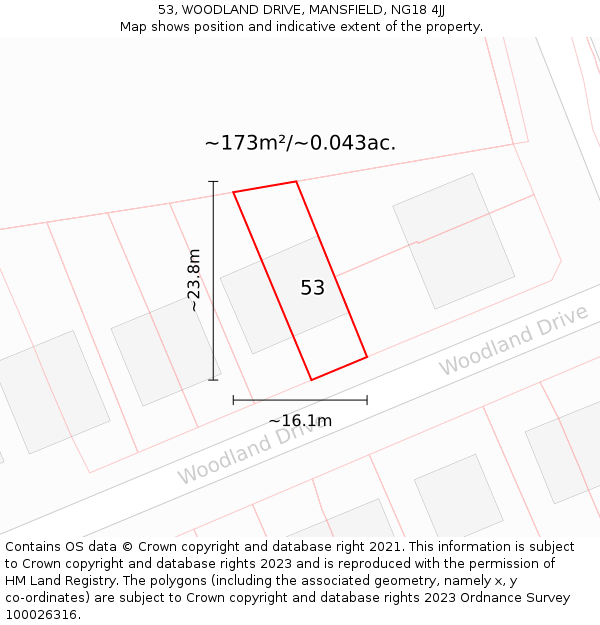 53, WOODLAND DRIVE, MANSFIELD, NG18 4JJ: Plot and title map