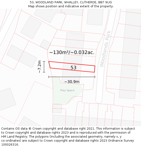 53, WOODLAND PARK, WHALLEY, CLITHEROE, BB7 9UG: Plot and title map