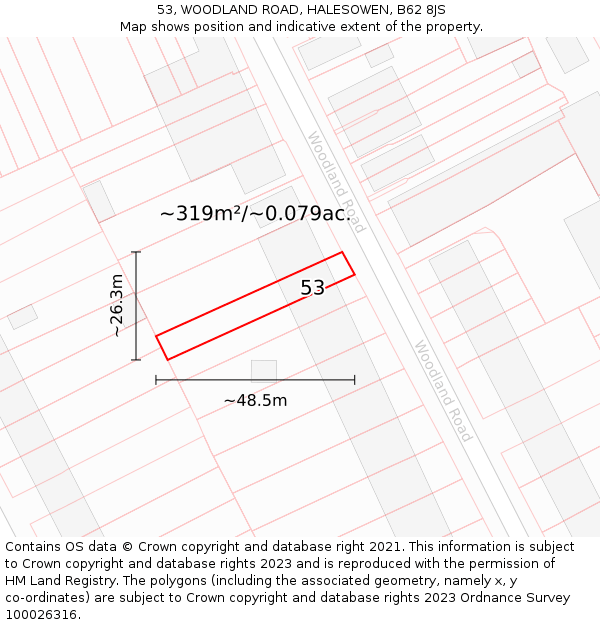 53, WOODLAND ROAD, HALESOWEN, B62 8JS: Plot and title map