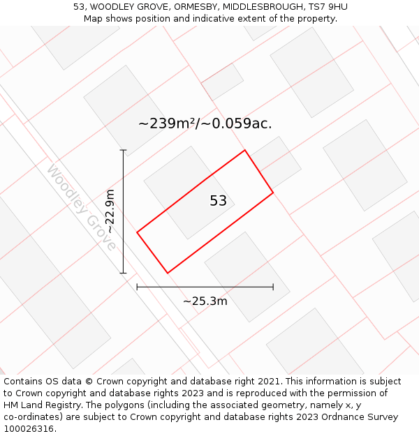 53, WOODLEY GROVE, ORMESBY, MIDDLESBROUGH, TS7 9HU: Plot and title map