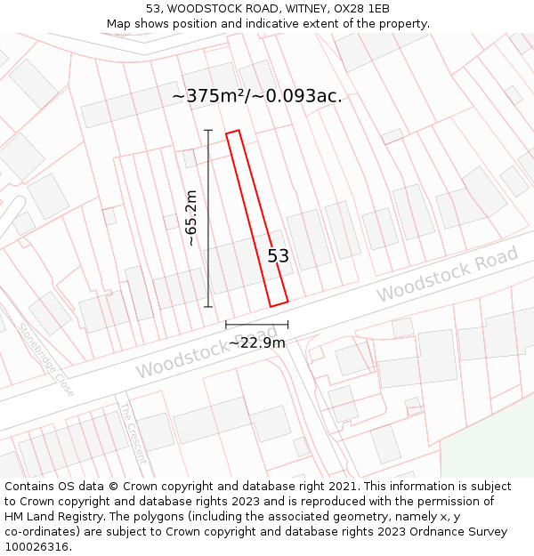 53, WOODSTOCK ROAD, WITNEY, OX28 1EB: Plot and title map