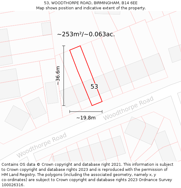 53, WOODTHORPE ROAD, BIRMINGHAM, B14 6EE: Plot and title map