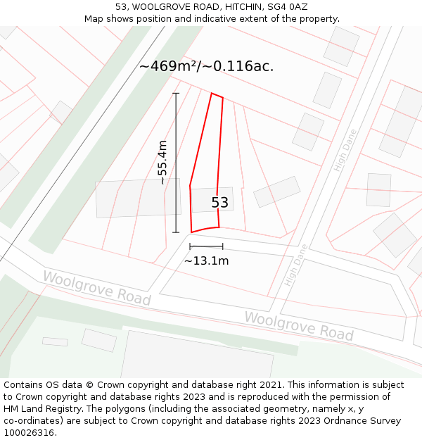 53, WOOLGROVE ROAD, HITCHIN, SG4 0AZ: Plot and title map