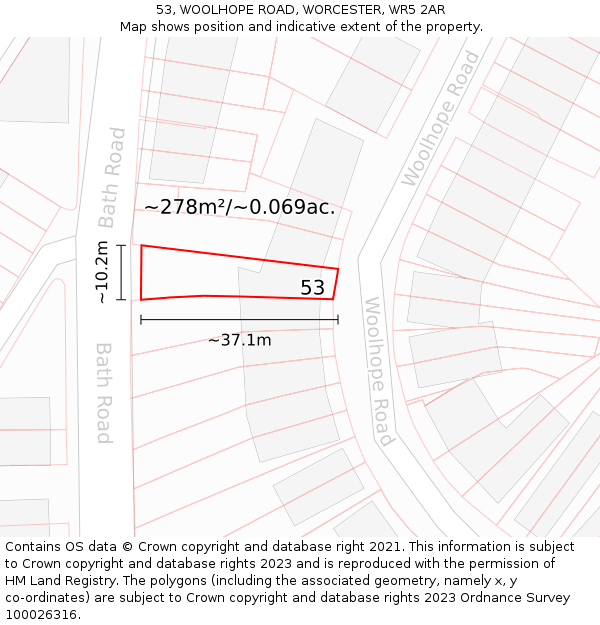 53, WOOLHOPE ROAD, WORCESTER, WR5 2AR: Plot and title map