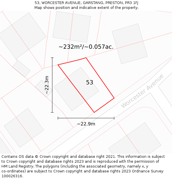 53, WORCESTER AVENUE, GARSTANG, PRESTON, PR3 1FJ: Plot and title map
