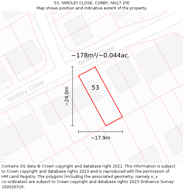53, YARDLEY CLOSE, CORBY, NN17 2YE: Plot and title map
