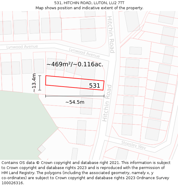 531, HITCHIN ROAD, LUTON, LU2 7TT: Plot and title map