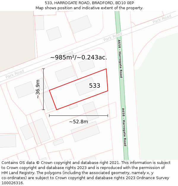533, HARROGATE ROAD, BRADFORD, BD10 0EP: Plot and title map