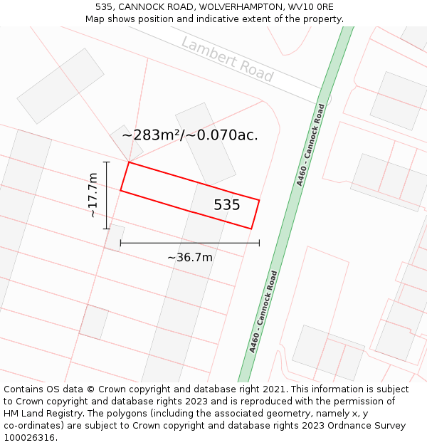 535, CANNOCK ROAD, WOLVERHAMPTON, WV10 0RE: Plot and title map