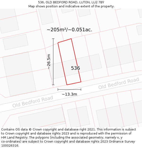 536, OLD BEDFORD ROAD, LUTON, LU2 7BY: Plot and title map