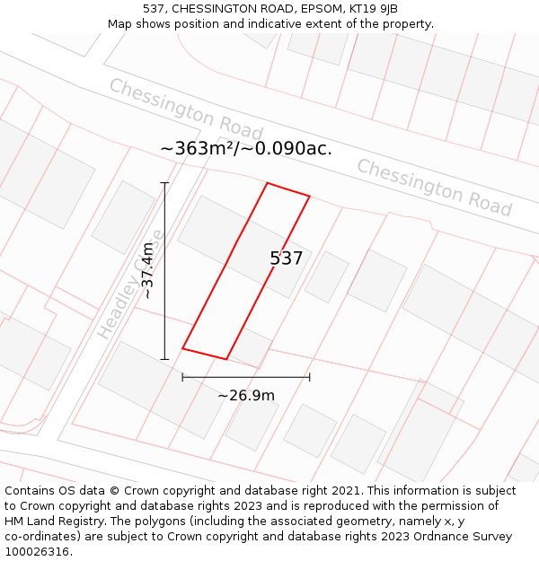 537, CHESSINGTON ROAD, EPSOM, KT19 9JB: Plot and title map