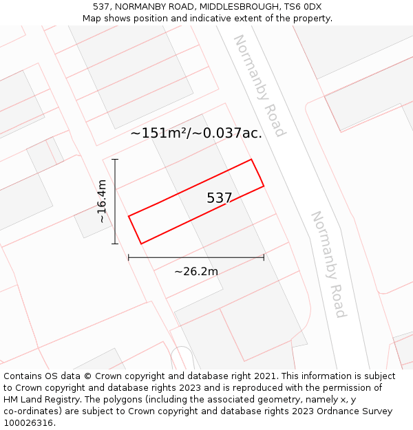 537, NORMANBY ROAD, MIDDLESBROUGH, TS6 0DX: Plot and title map