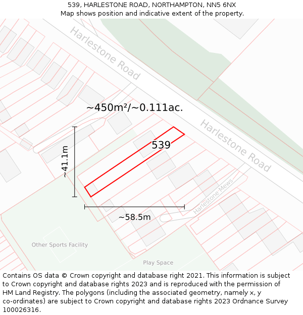 539, HARLESTONE ROAD, NORTHAMPTON, NN5 6NX: Plot and title map