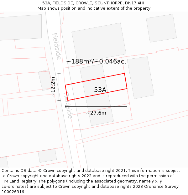 53A, FIELDSIDE, CROWLE, SCUNTHORPE, DN17 4HH: Plot and title map