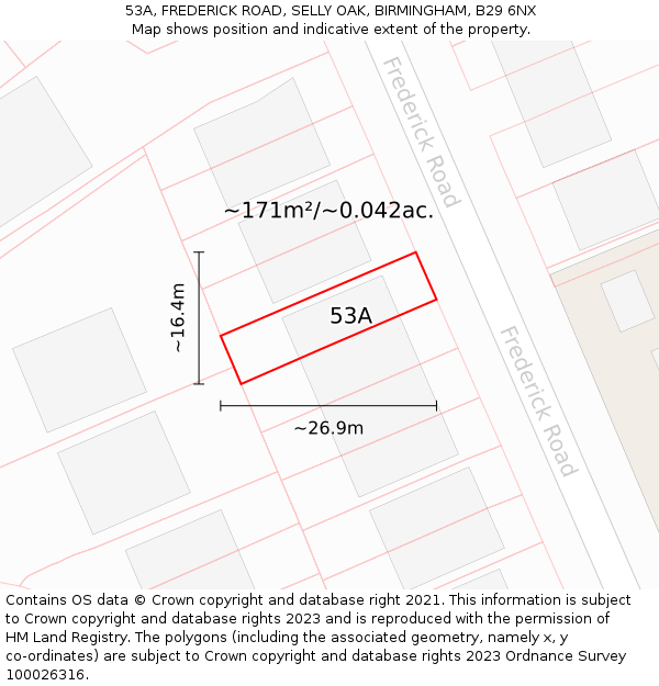 53A, FREDERICK ROAD, SELLY OAK, BIRMINGHAM, B29 6NX: Plot and title map