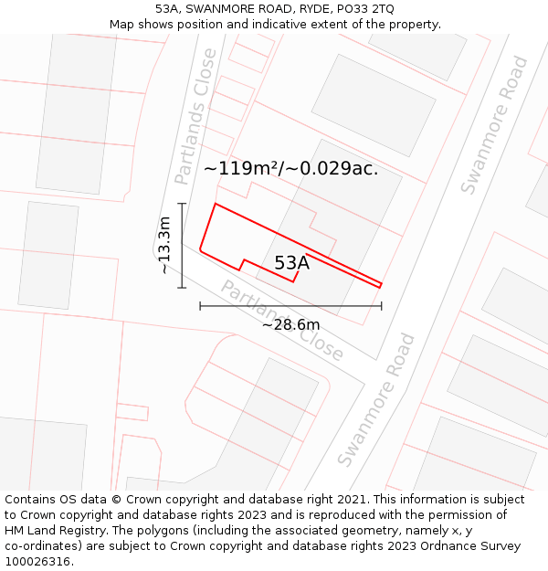 53A, SWANMORE ROAD, RYDE, PO33 2TQ: Plot and title map