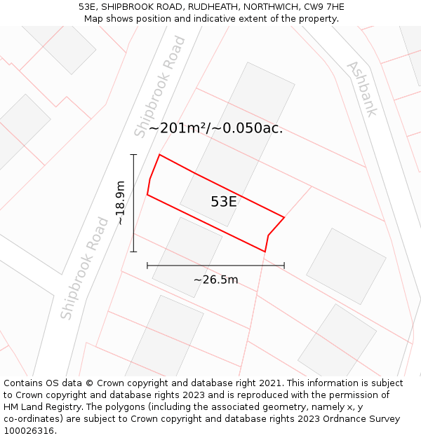 53E, SHIPBROOK ROAD, RUDHEATH, NORTHWICH, CW9 7HE: Plot and title map