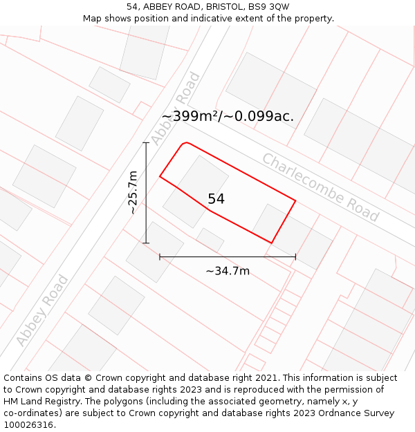 54, ABBEY ROAD, BRISTOL, BS9 3QW: Plot and title map