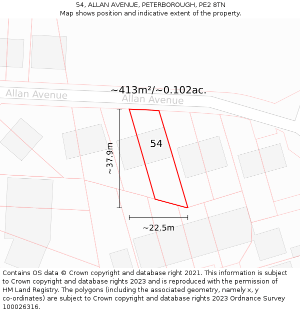 54, ALLAN AVENUE, PETERBOROUGH, PE2 8TN: Plot and title map