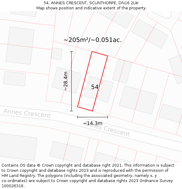 54, ANNES CRESCENT, SCUNTHORPE, DN16 2LW: Plot and title map
