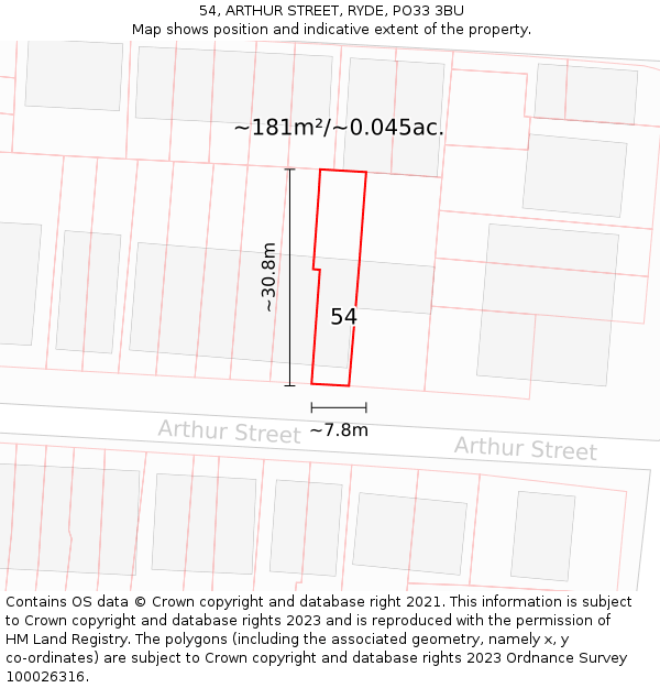 54, ARTHUR STREET, RYDE, PO33 3BU: Plot and title map