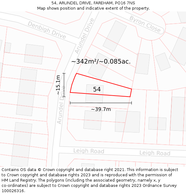 54, ARUNDEL DRIVE, FAREHAM, PO16 7NS: Plot and title map