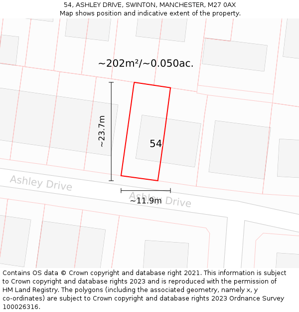 54, ASHLEY DRIVE, SWINTON, MANCHESTER, M27 0AX: Plot and title map
