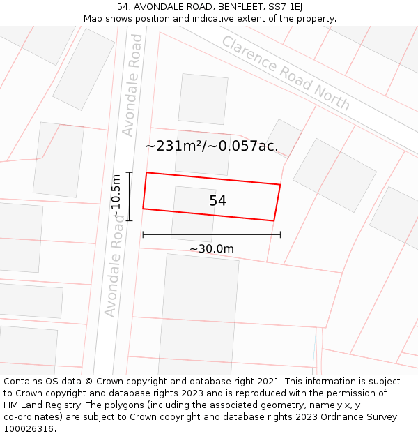 54, AVONDALE ROAD, BENFLEET, SS7 1EJ: Plot and title map