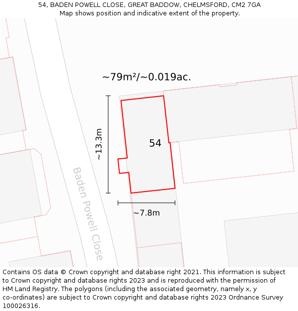 54, BADEN POWELL CLOSE, GREAT BADDOW, CHELMSFORD, CM2 7GA: Plot and title map