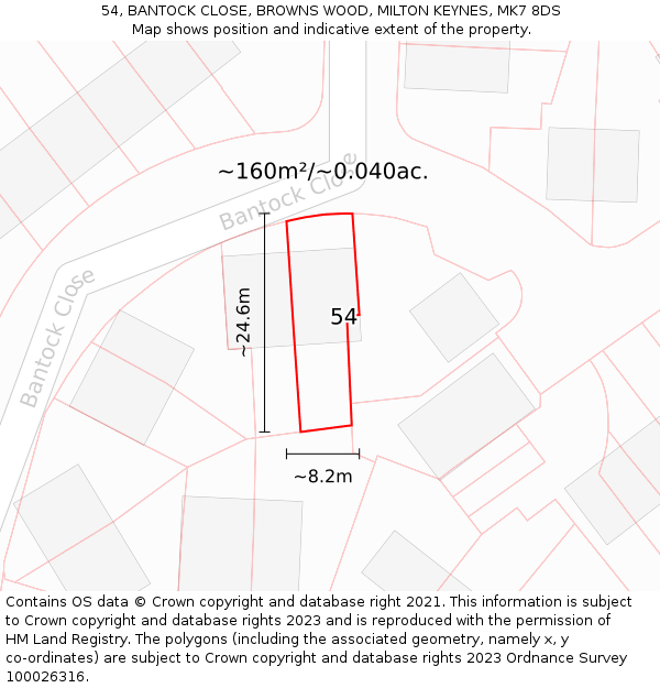 54, BANTOCK CLOSE, BROWNS WOOD, MILTON KEYNES, MK7 8DS: Plot and title map