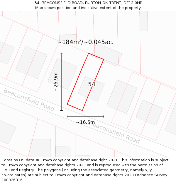 54, BEACONSFIELD ROAD, BURTON-ON-TRENT, DE13 0NP: Plot and title map