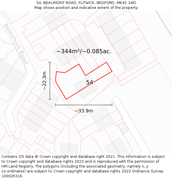 54, BEAUMONT ROAD, FLITWICK, BEDFORD, MK45 1WD: Plot and title map