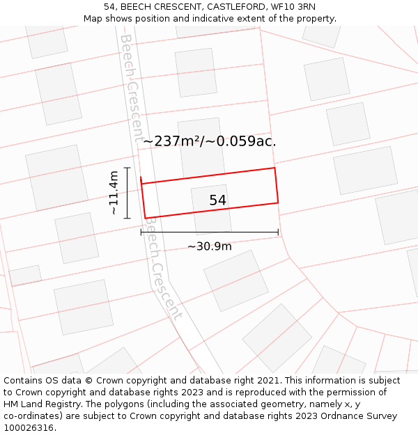 54, BEECH CRESCENT, CASTLEFORD, WF10 3RN: Plot and title map