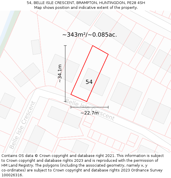 54, BELLE ISLE CRESCENT, BRAMPTON, HUNTINGDON, PE28 4SH: Plot and title map